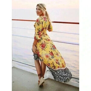 Farm Rio Maxi Dress XS Floral Yellow Pink Wrap Anthropologie Midi Asymmetrical